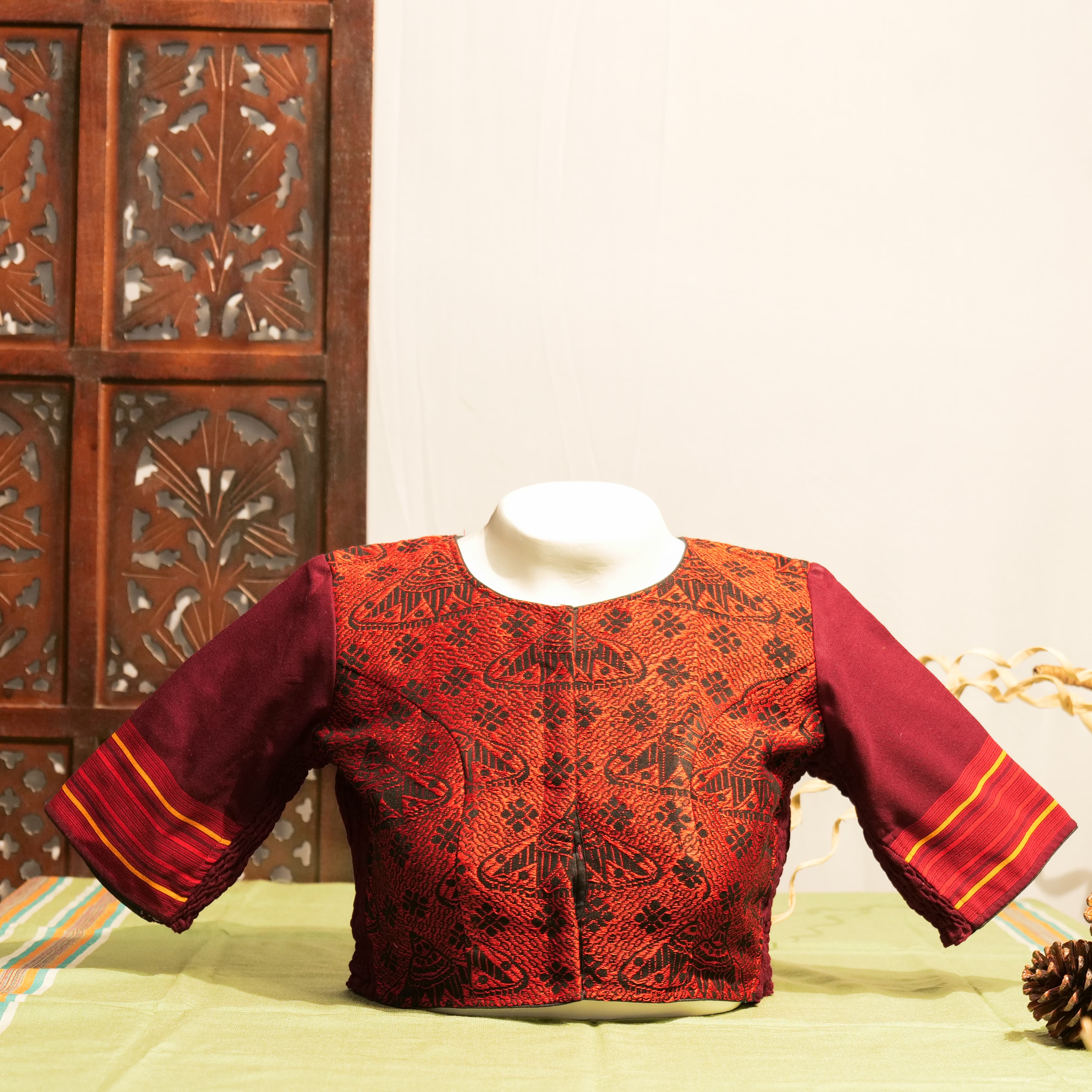 ASSAMESE JAPI DESIGNED T-SHIRT NECK STRETCHLINE BLOUSE WITH TIWA MOTIF